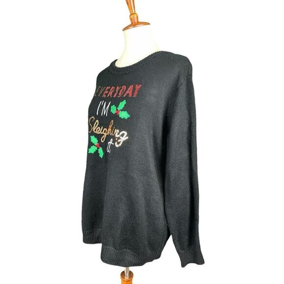 Poof Merry Christmas Sweater Women Size L Black Sequins Everyday Im Sleighing It - Picture 7 of 9